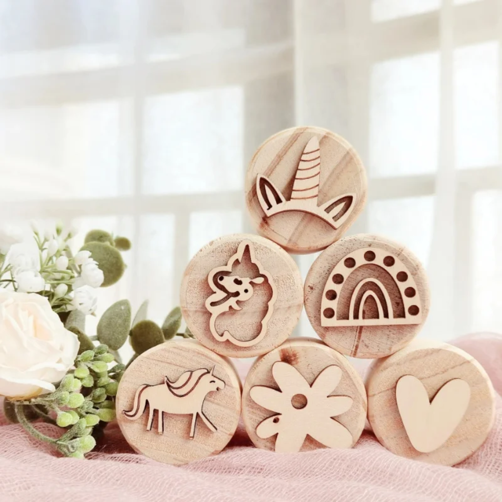 WoodStamp – Montessori & Creative – Set of 6 Wooden Clay Stamps