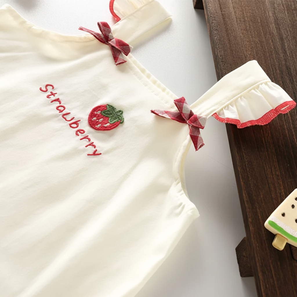 BerryBloom – Cute & Comfortable – Girls' Dress with Strawberry and Bunny Patch