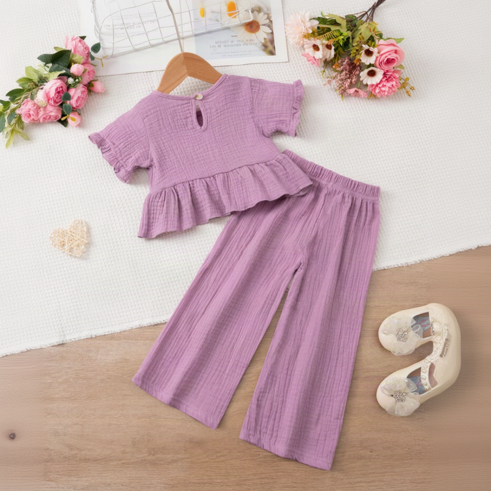 SoftCharm – Elegant & Comfortable – Girls' Set with a Ruffle Top and Long Pants