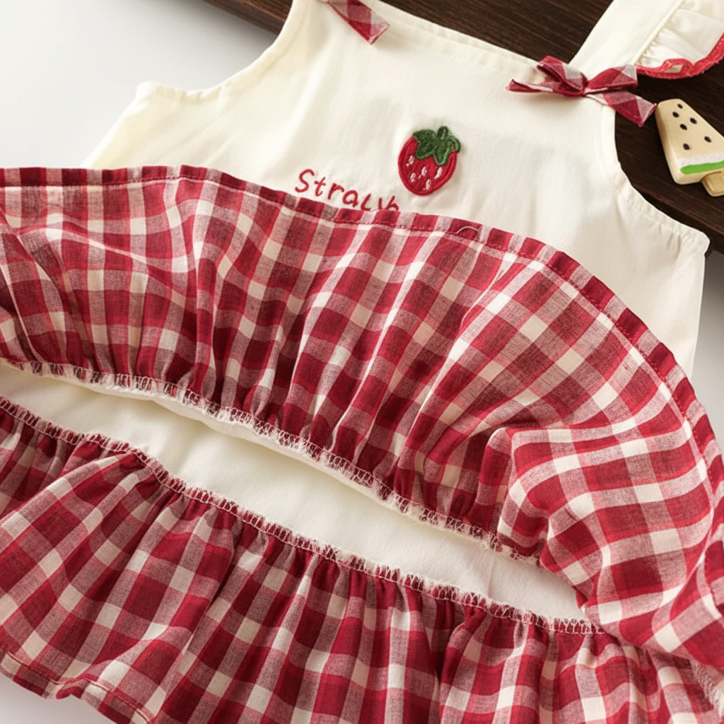 BerryBloom – Cute & Comfortable – Girls' Dress with Strawberry and Bunny Patch