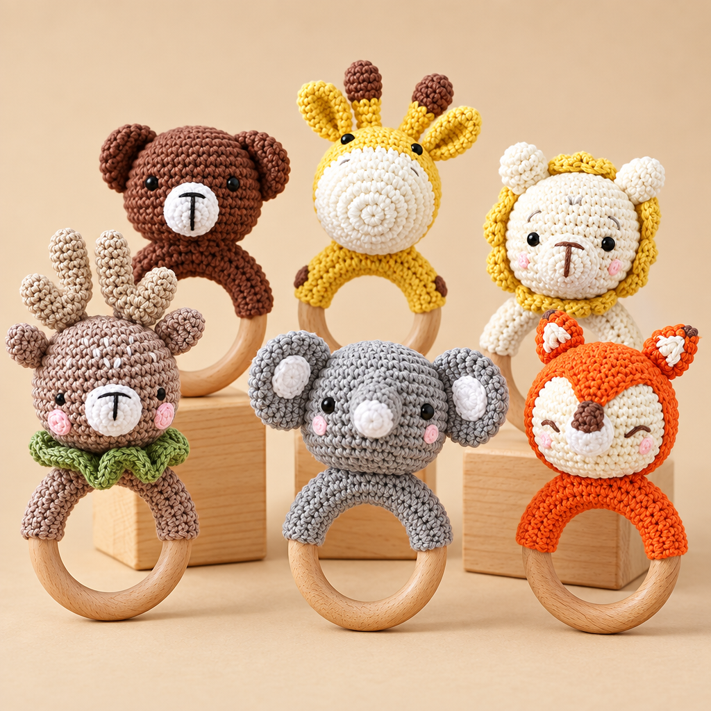 CuddleRattle – Soft & Playful – Crocheted Baby Rattle with Wooden Ring