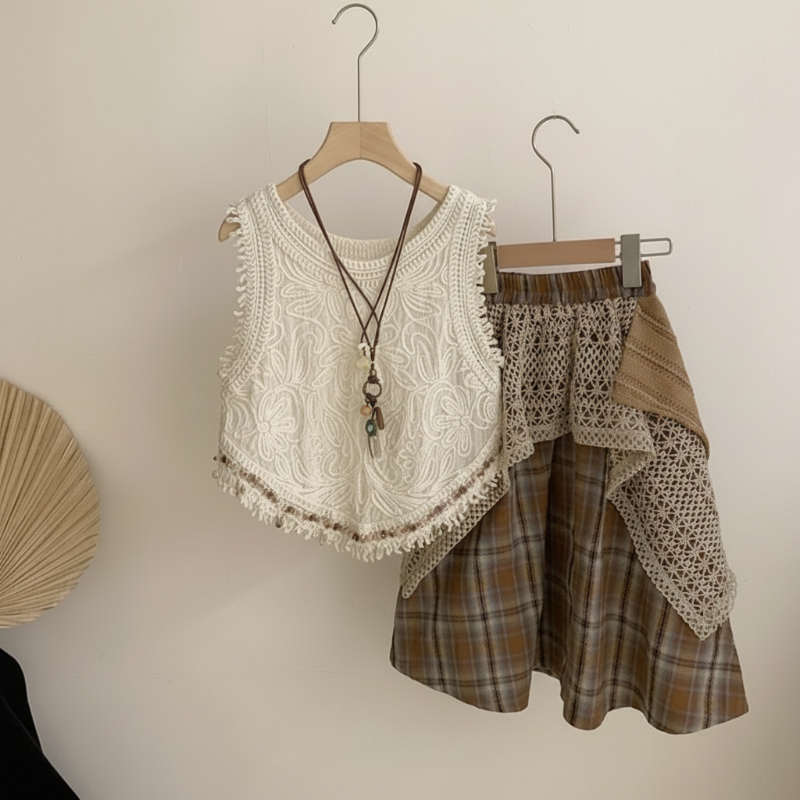 TinyTrends – Boho Chic & Cute – Crocheted Top with Checkered Skirt