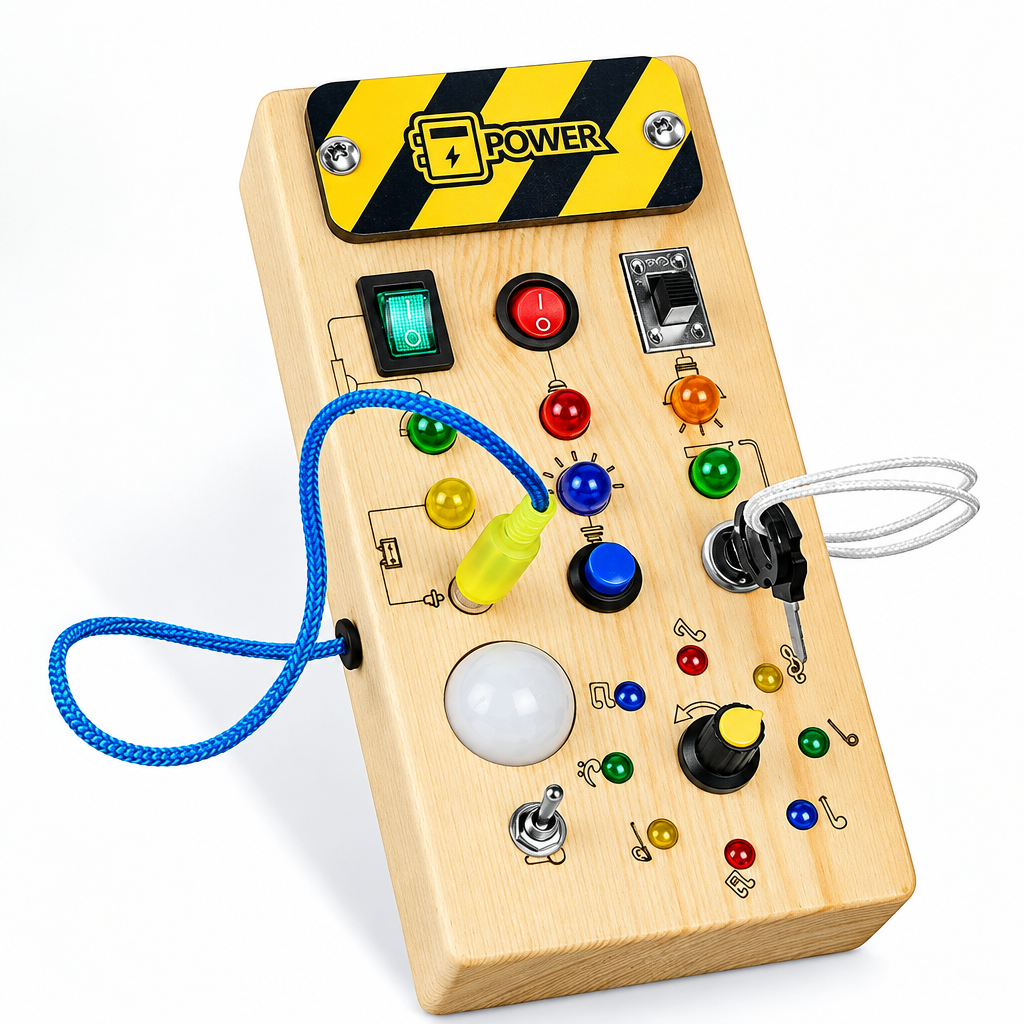TinyTech – Wooden Busy Board with Lights & Switches – Educational Toy