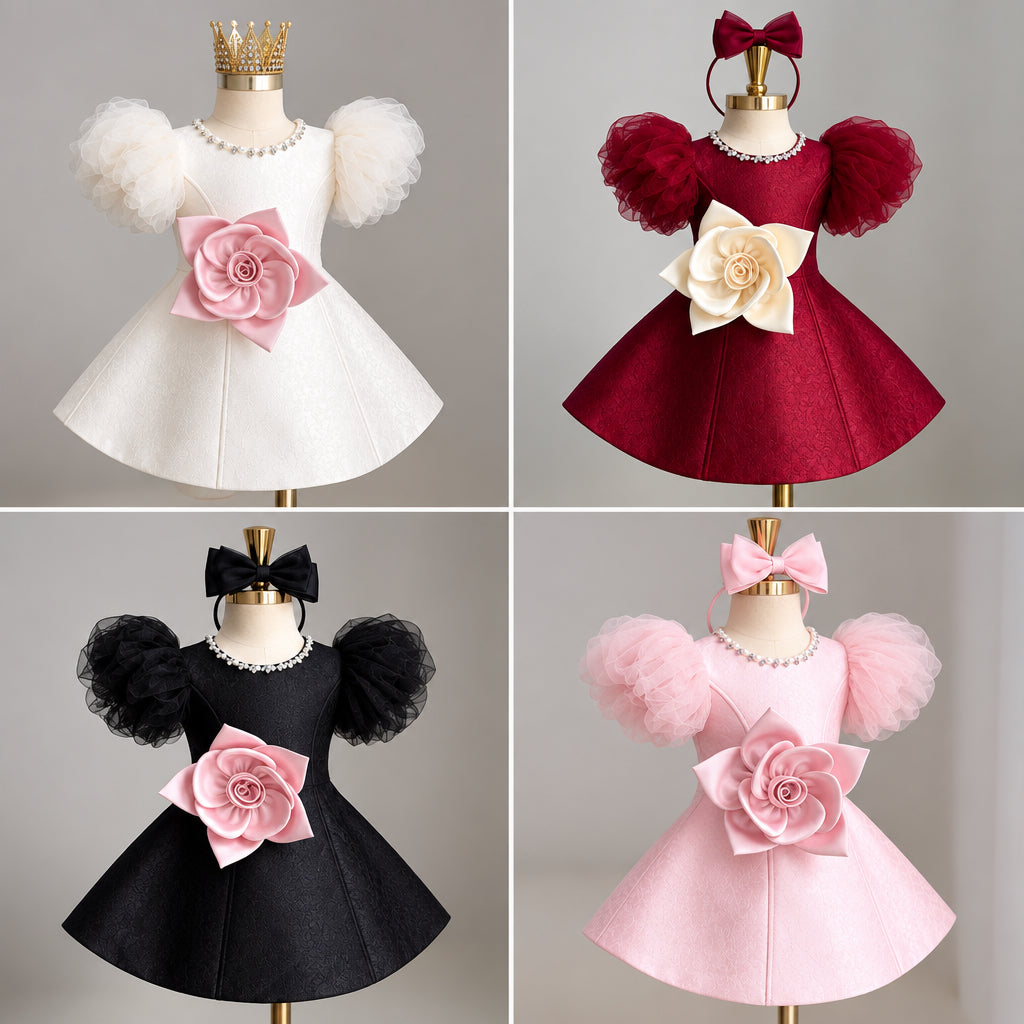 LittleRose – Elegant & Festive – Girls' Dress with 3D Flower and Puff Sleeves