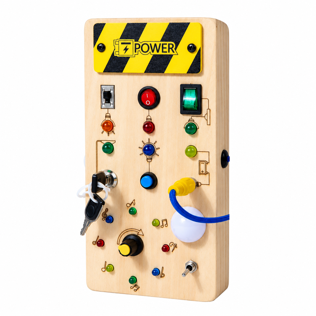 TinyTech – Wooden Busy Board with Lights & Switches – Educational Toy