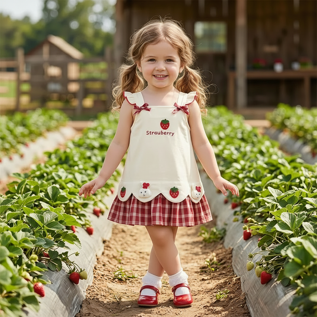 BerryBloom – Cute & Comfortable – Girls' Dress with Strawberry and Bunny Patch