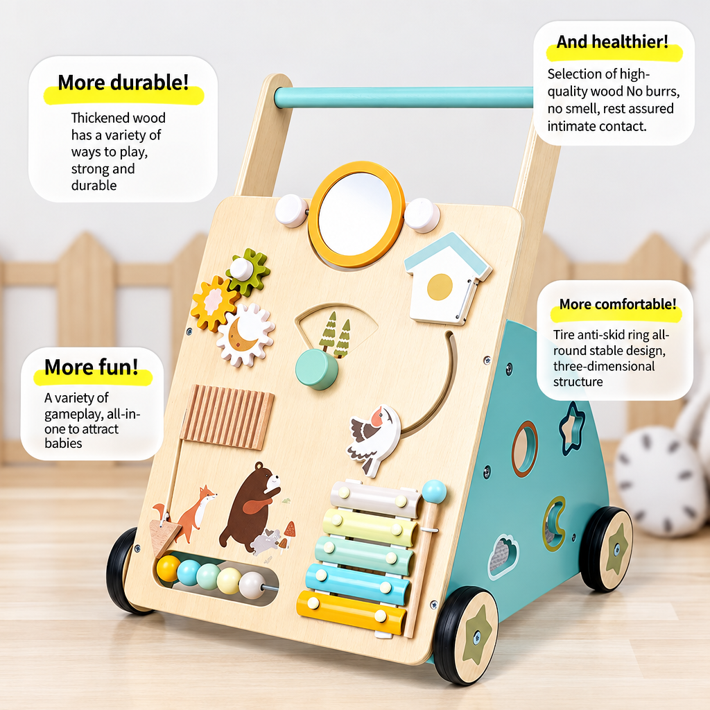 WoodenSteps – Natural & Educational – Wooden Baby Walker with Play Panels