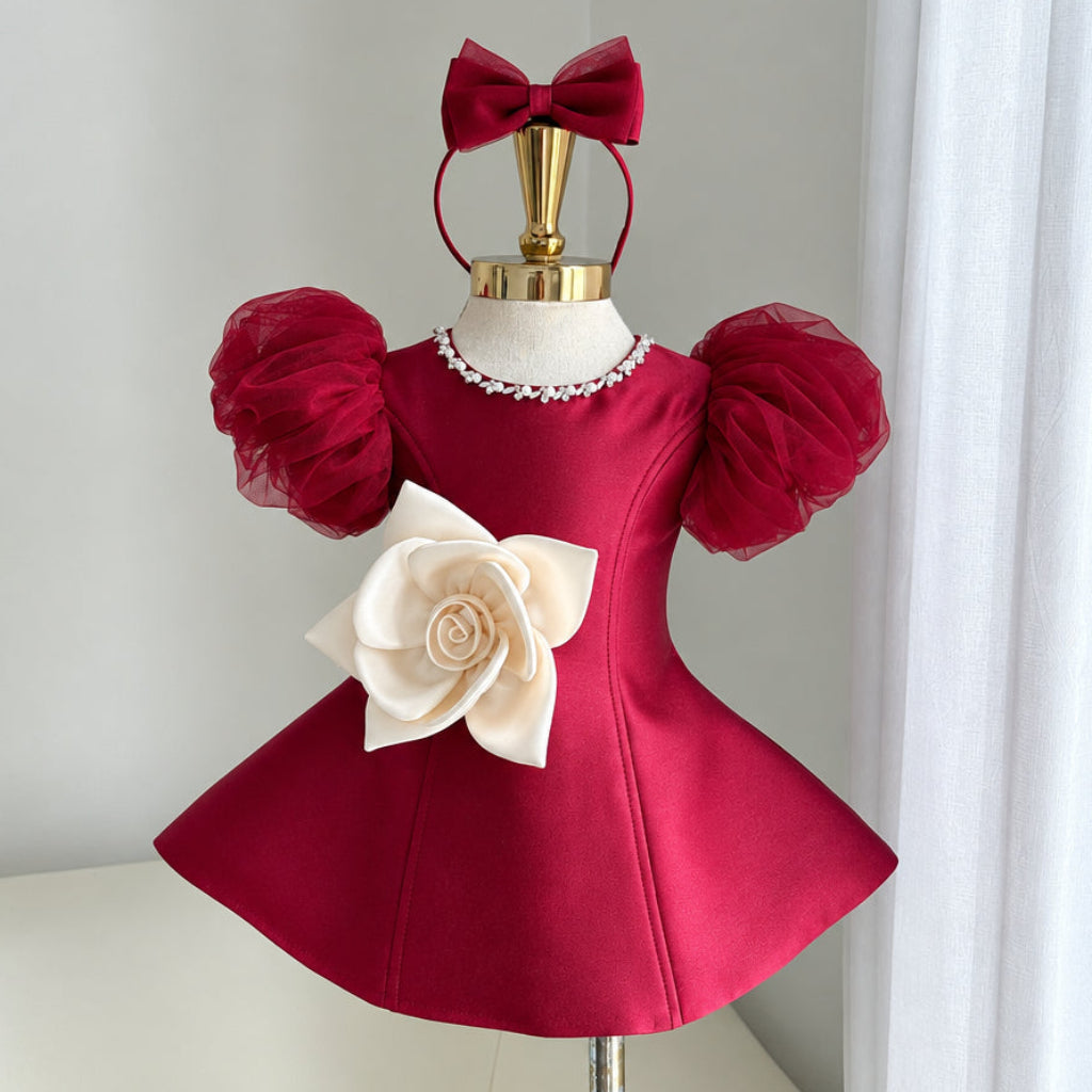 LittleRose – Elegant & Festive – Girls' Dress with 3D Flower and Puff Sleeves