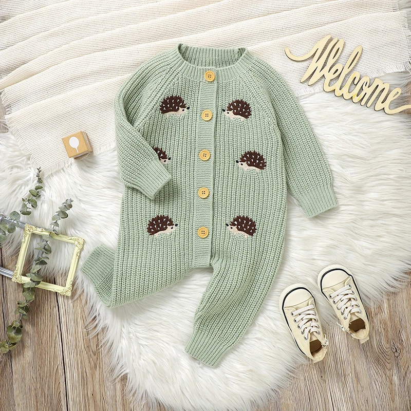 CozyHedge – Soft & Warm – Knitted Baby Jumpsuit with Hedgehog Print