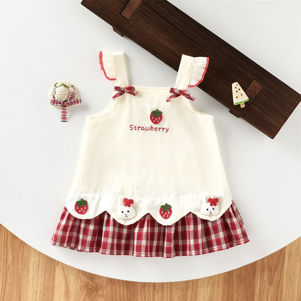 BerryBloom – Cute & Comfortable – Girls' Dress with Strawberry and Bunny Patch