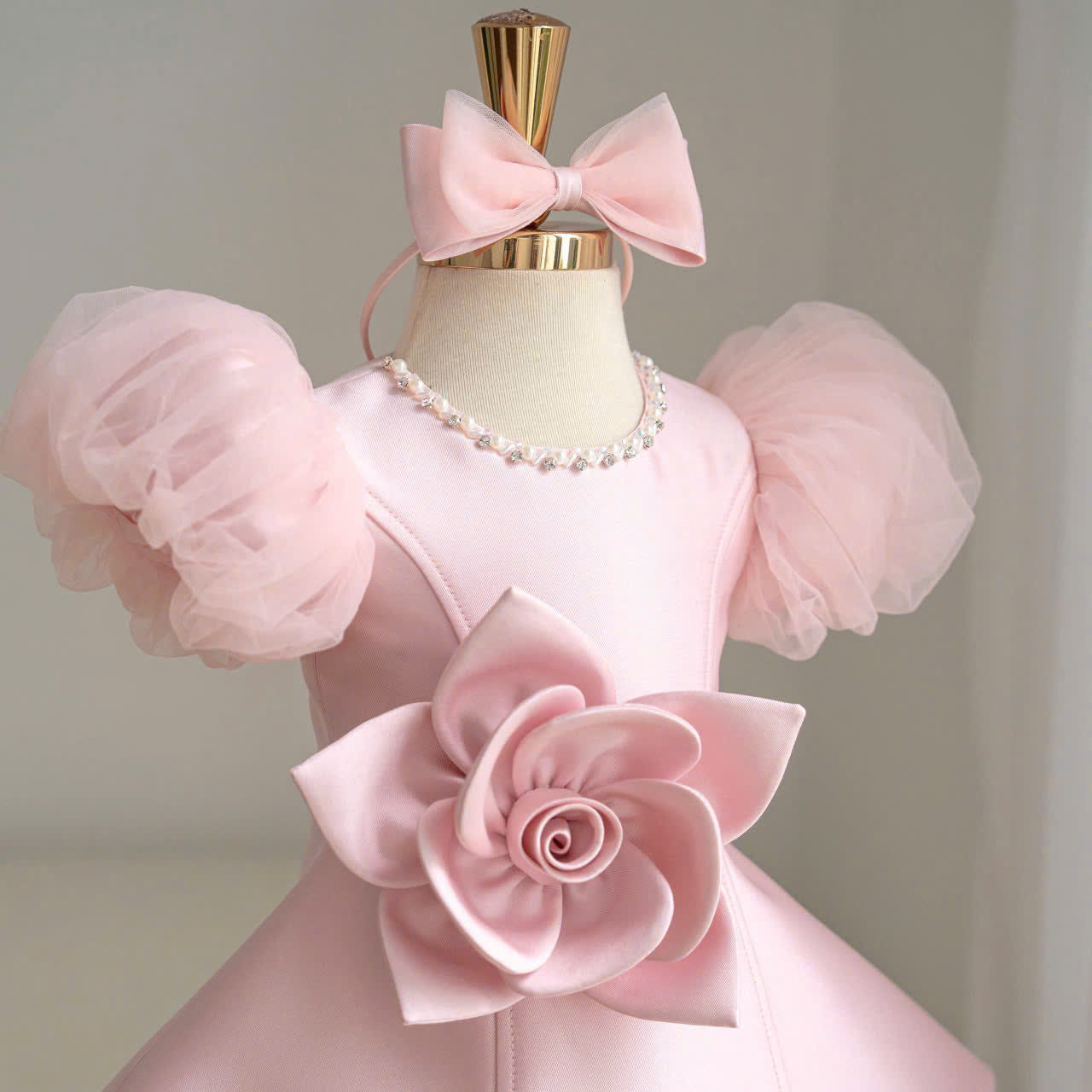 LittleRose – Elegant & Festive – Girls' Dress with 3D Flower and Puff Sleeves