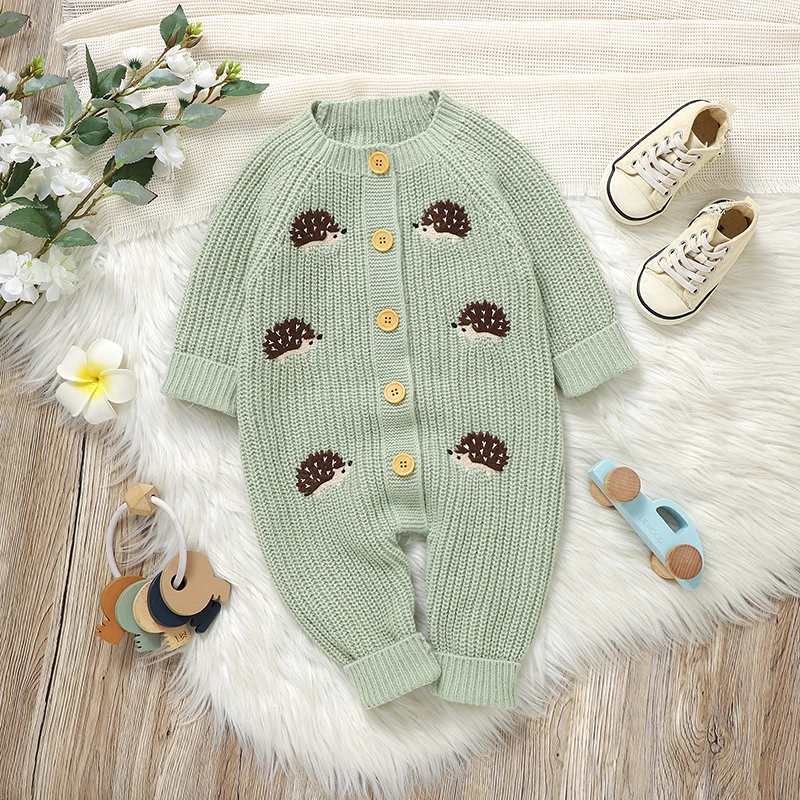 CozyHedge – Soft & Warm – Knitted Baby Jumpsuit with Hedgehog Print