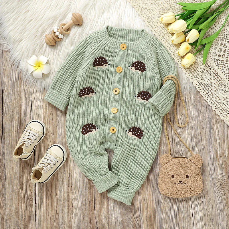 CozyHedge – Soft & Warm – Knitted Baby Jumpsuit with Hedgehog Print