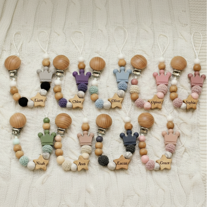 Baby Pacifier Holder – With Name – Personalized Wooden & Silicone Beads