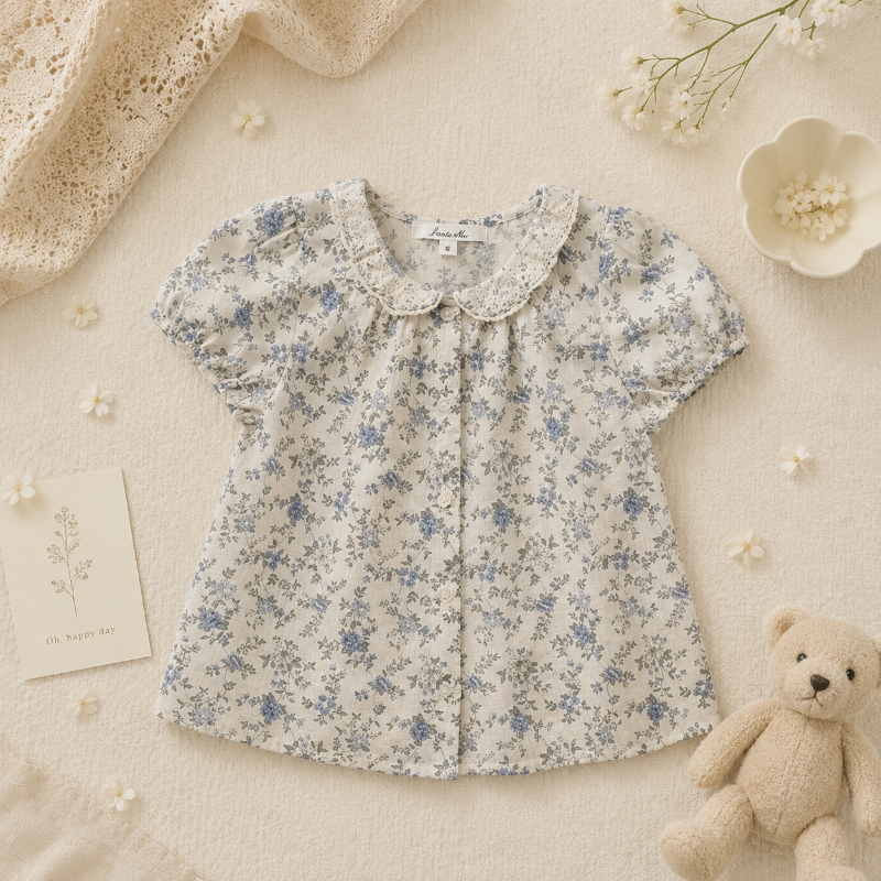 Vine Print Blouse – Light & Cute – Children's Blouse with Puff Sleeves