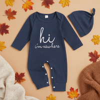 Thumbnail for CuddleBaby – Hi, I'm new here – Baby Jumpsuit met Beanie Set