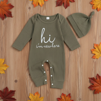 Thumbnail for CuddleBaby – Hi, I'm new here – Baby Jumpsuit met Beanie Set