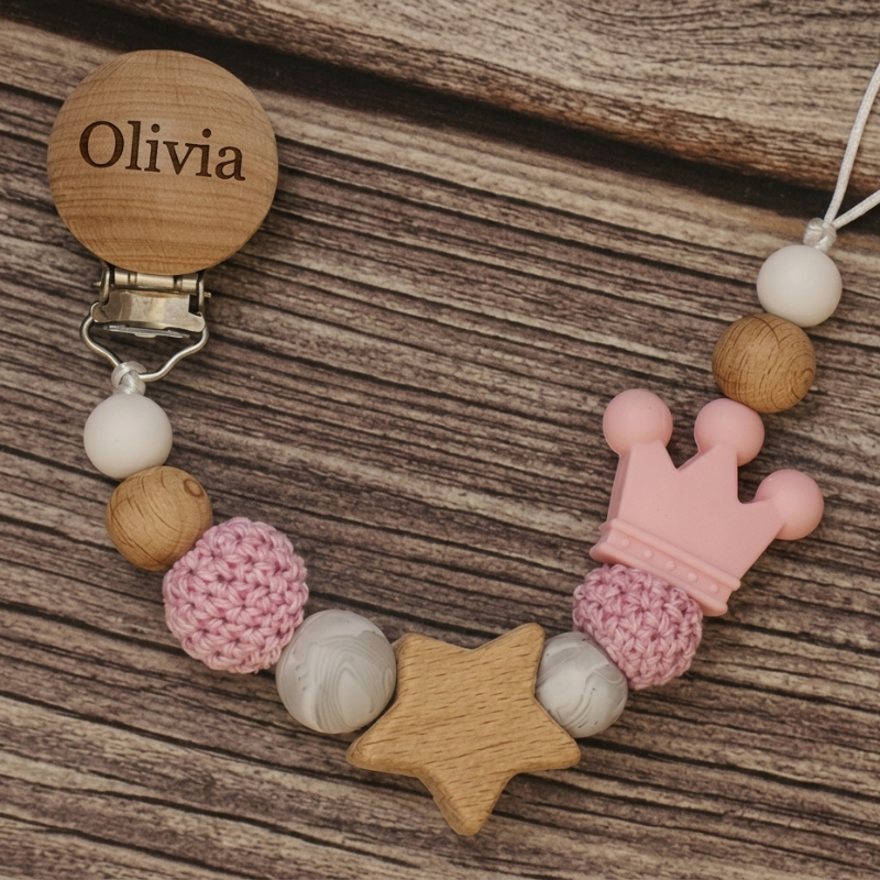 Baby Pacifier Holder – With Name – Personalized Wooden & Silicone Beads
