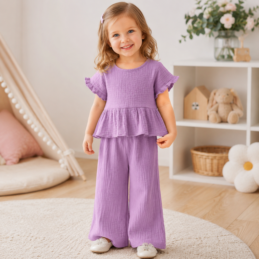 SoftCharm – Elegant & Comfortable – Girls' Set with a Ruffle Top and Long Pants
