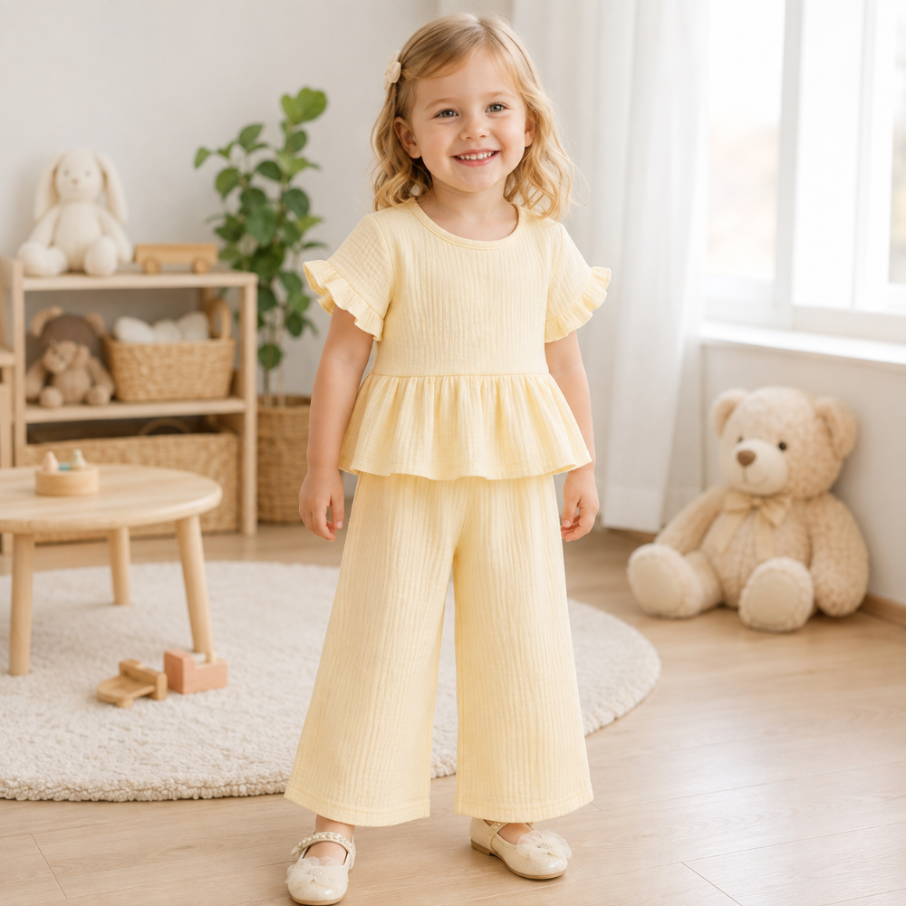 SoftCharm – Elegant & Comfortable – Girls' Set with a Ruffle Top and Long Pants