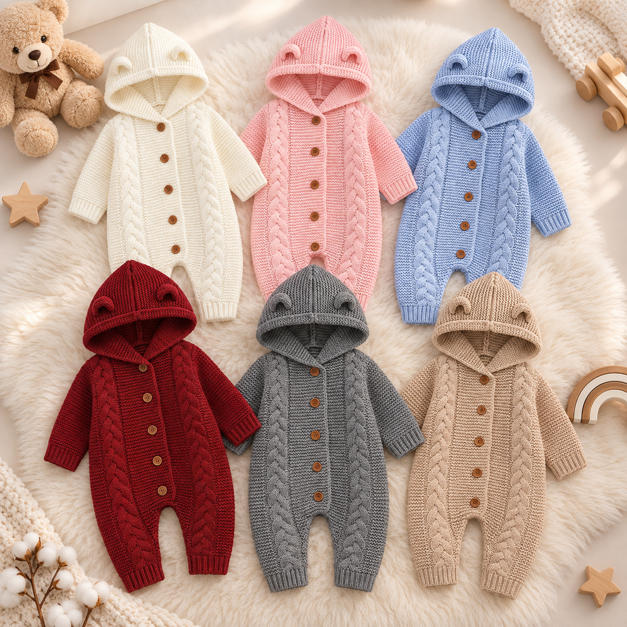 SoftKnit – Warm & Cute – Knitted Baby Jumpsuit with Hood
