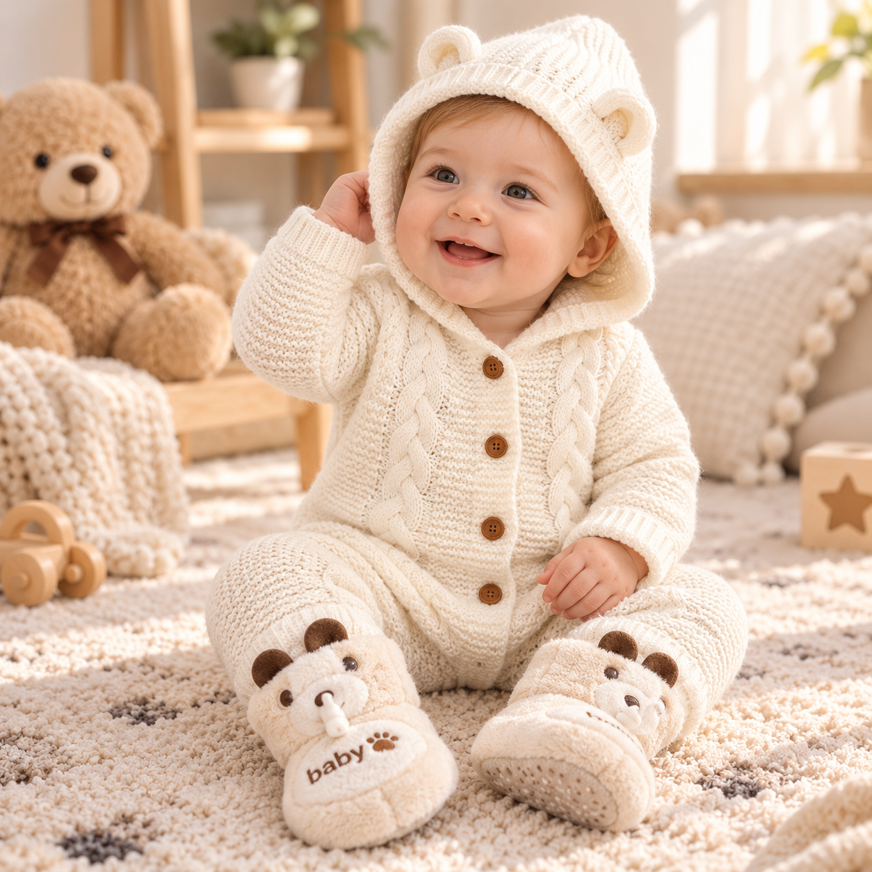 SoftKnit – Warm & Cute – Knitted Baby Jumpsuit with Hood