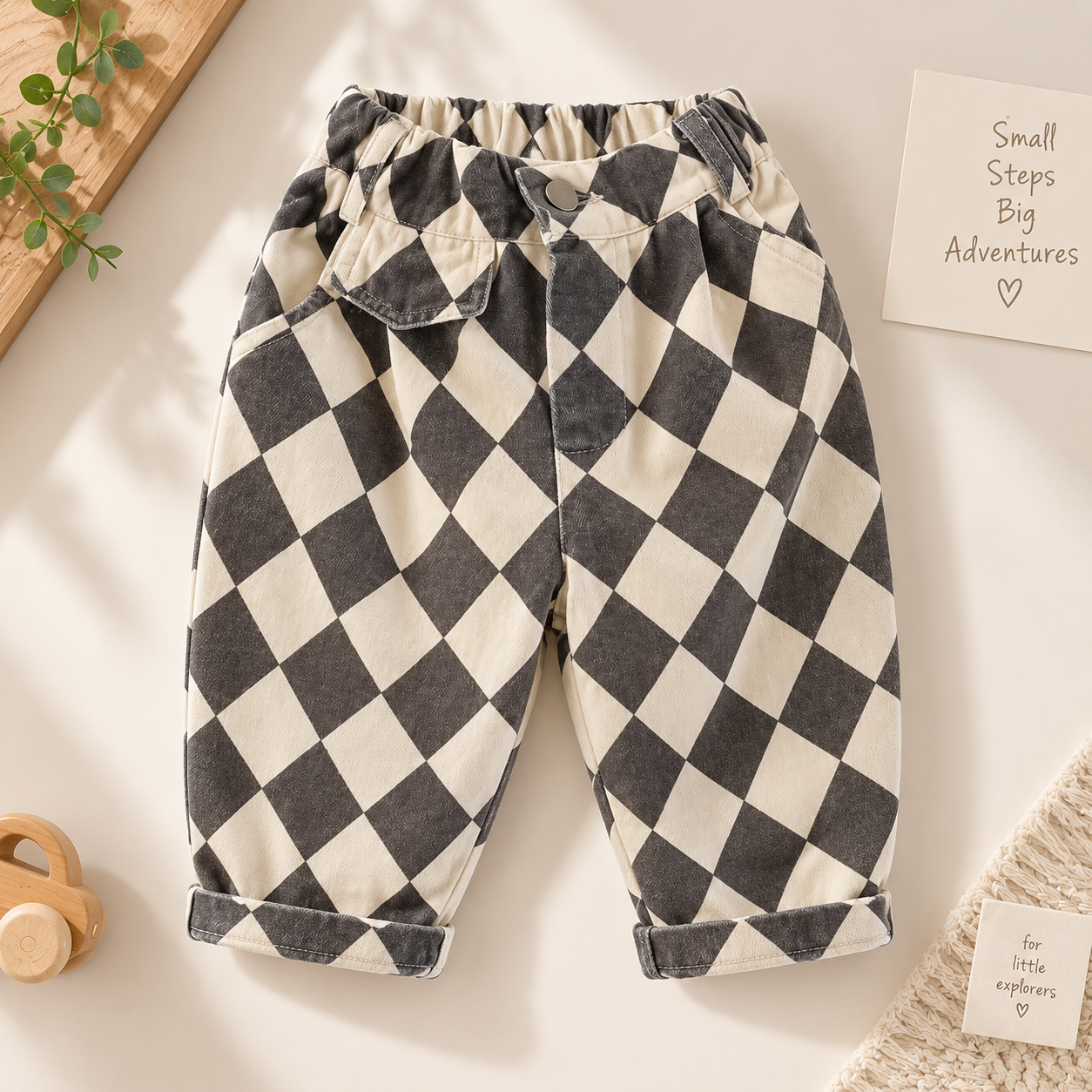 RetroBloom – Comfortable & Playful – Kids' Pants with an Argyle Pattern