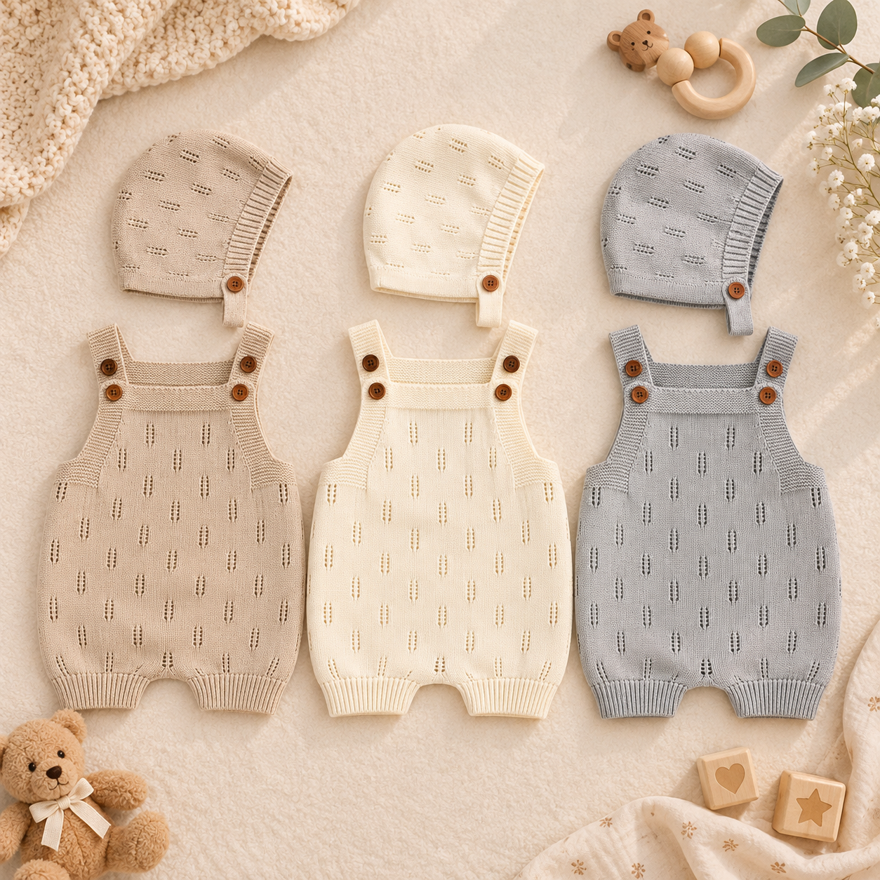 MiniCozy – Soft & Comfortable – Knitted Baby Overalls with a Little Hat