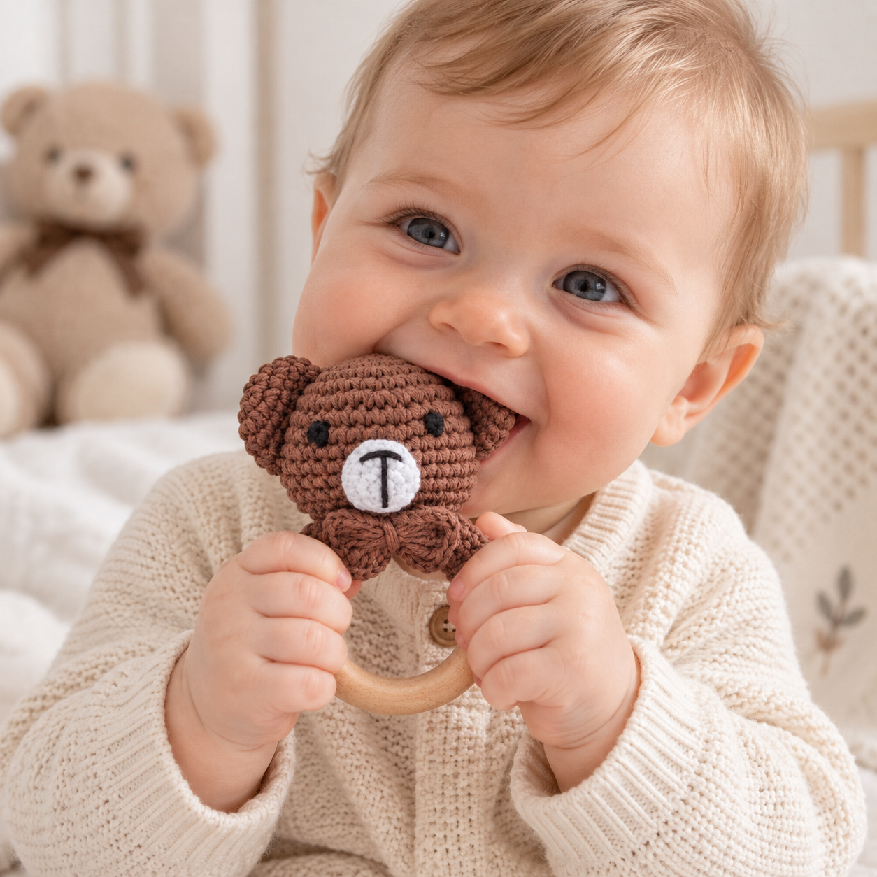 CuddleRattle – Soft & Playful – Crocheted Baby Rattle with Wooden Ring