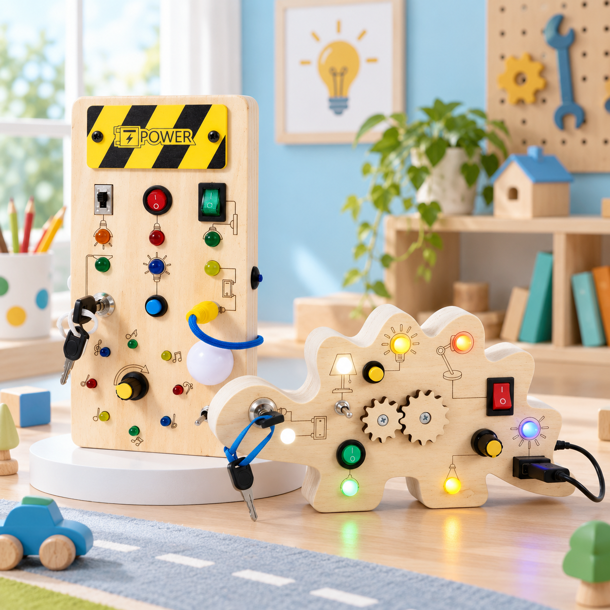 TinyTech – Wooden Busy Board with Lights & Switches – Educational Toy
