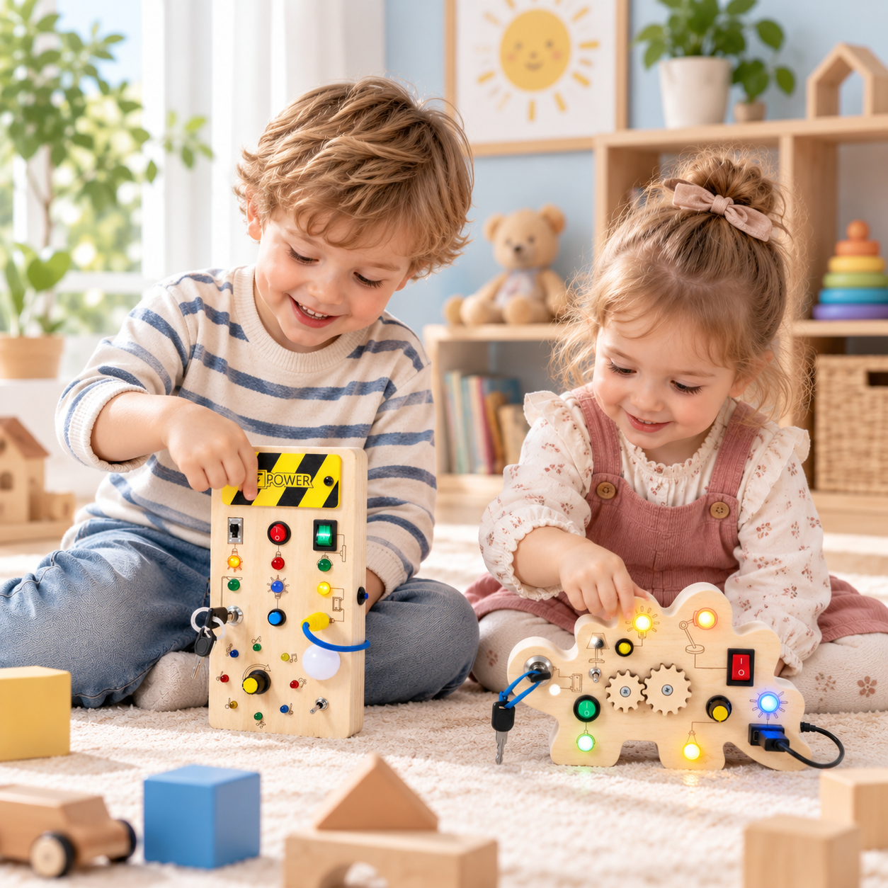 TinyTech – Wooden Busy Board with Lights & Switches – Educational Toy
