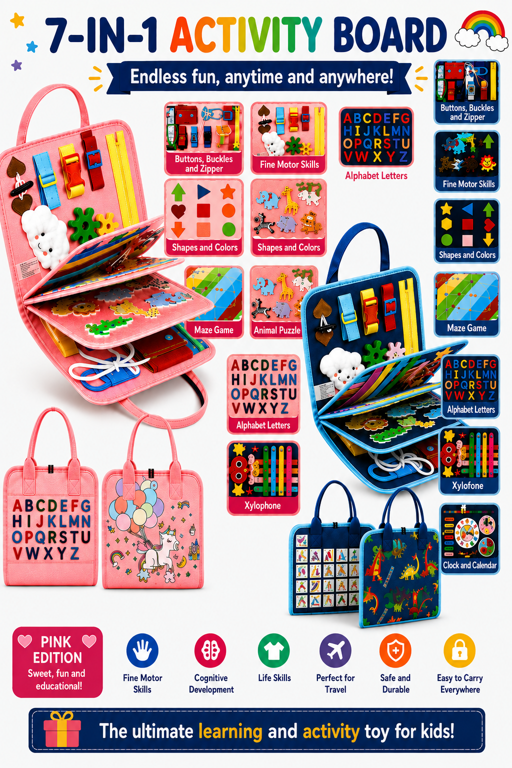 7-in-1 Busy Board – Motor Skills & Learning – Activity Board