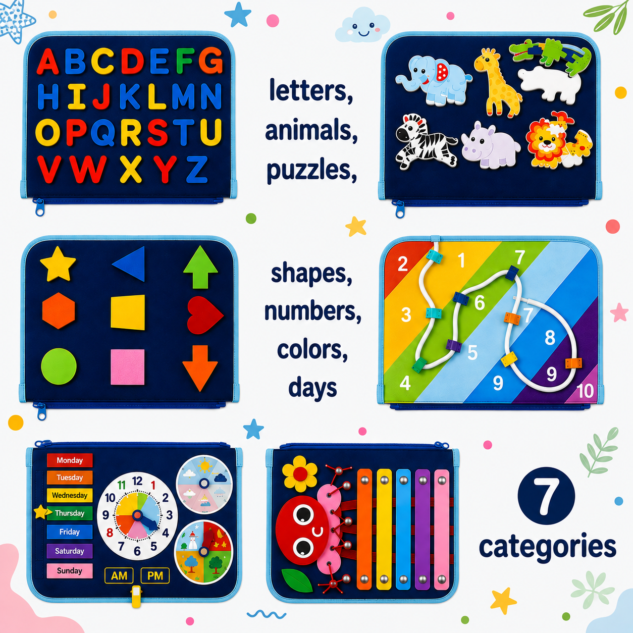 7-in-1 Busy Board – Motor Skills & Learning – Activity Board