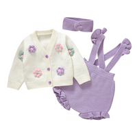 Thumbnail for FloraKnit – Soft & Cute – Baby Outfit with Cardigan, Overalls, and Headband