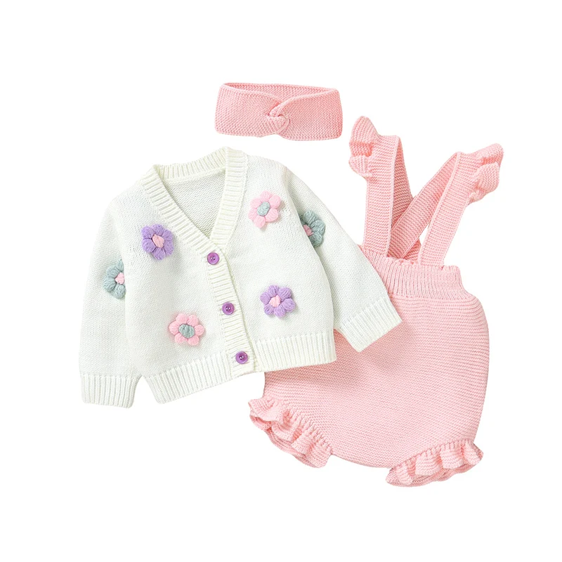 FloraKnit – Soft & Cute – Baby Outfit with Cardigan, Overalls, and Headband