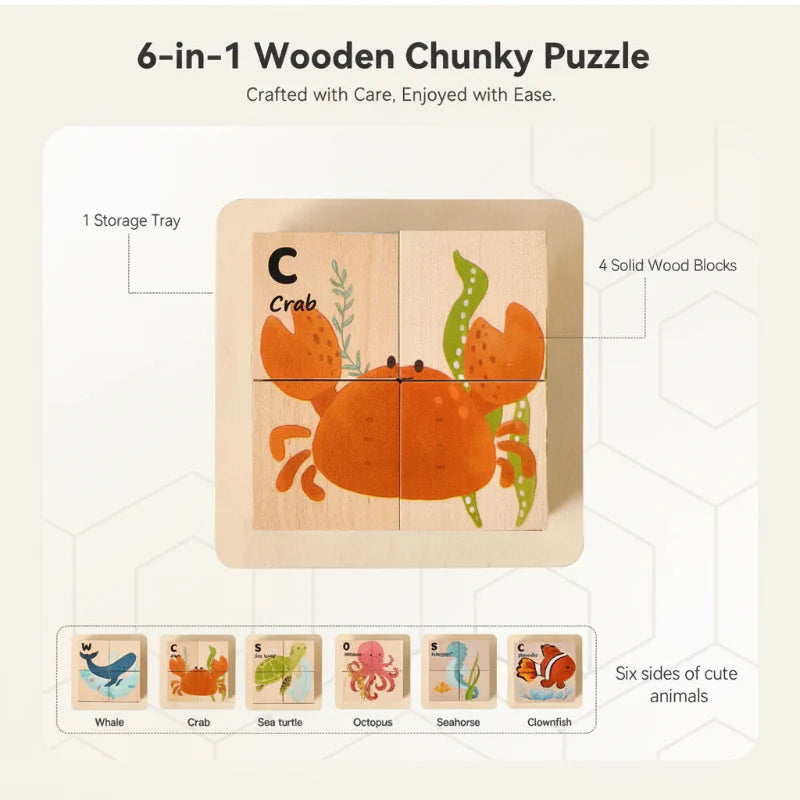 WoodMind – Creative & Educational – 6-in-1 Montessori Animal Wooden Puzzle